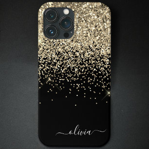 Gold Black Girly Glitter Sparkle Monogram Name Cas iPhone 13 Hoesje
