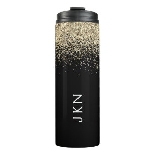 Gold Black Glitter Girly Monogram Initialen Thermosbeker
