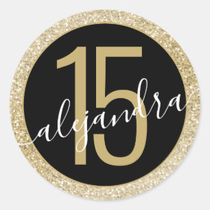 Gold Black Glitter Quince Años Favor Ronde Sticker