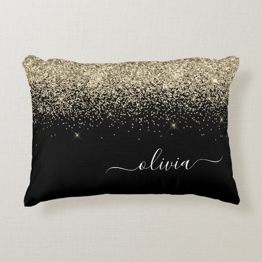 Gold Black Glitter Script Monogram Girly Name Accent Kussen (Voorkant)