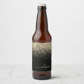 Gold Black Glitter Script Monogram Girly Name Bier Etiket (Voorkant)