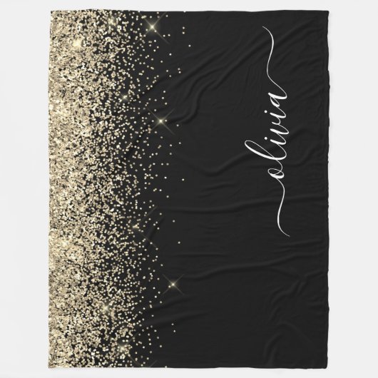 Gold Black Glitter Script Monogram Girly Name Fleece Deken (Voorkant)