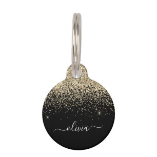 Gold Black Glitter Script Monogram Girly Name Huisdierpenning