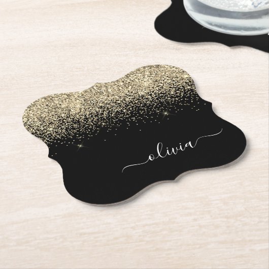 Gold Black Glitter Script Monogram Girly Name Kartonnen Onderzetters (Gekanteld)