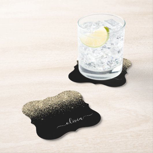 Gold Black Glitter Script Monogram Girly Name Kartonnen Onderzetters (Insitu)