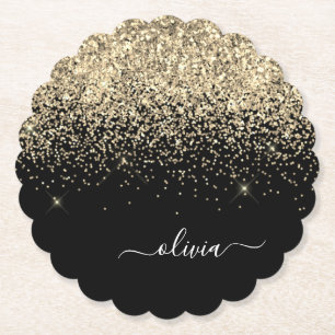 Gold Black Glitter Script Monogram Girly Name Kartonnen Onderzetters