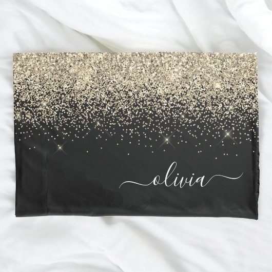 Gold Black Glitter Script Monogram Girly Name Kussensloop