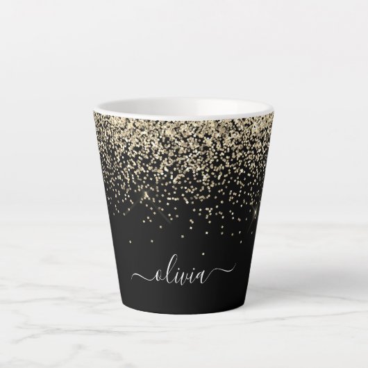 Gold Black Glitter Script Monogram Girly Name Latte Mok (Voorkant)
