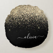 Gold Black Glitter Script Monogram Girly Name Rond Kussen (Voorkant)