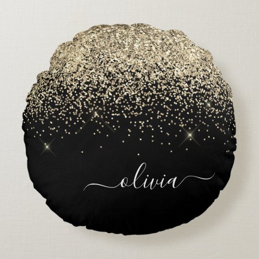 Gold Black Glitter Script Monogram Girly Name Rond Kussen (Voorkant)