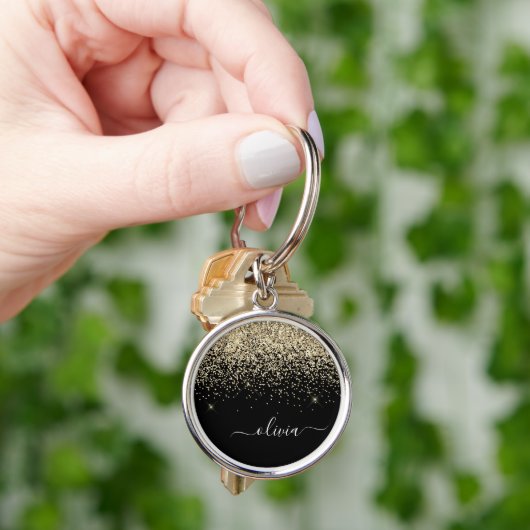 Gold Black Glitter Script Monogram Girly Name Sleutelhanger (Hand)