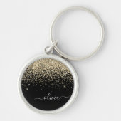 Gold Black Glitter Script Monogram Girly Name Sleutelhanger (Voorkant)