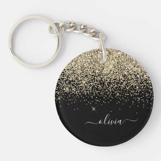 Gold Black Glitter Script Monogram Girly Name Sleutelhanger (Voorkant)