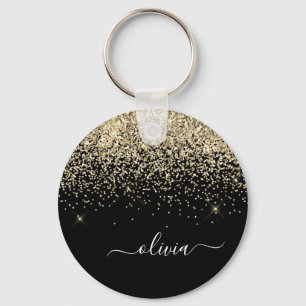 Gold Black Glitter Script Monogram Girly Name Sleutelhanger