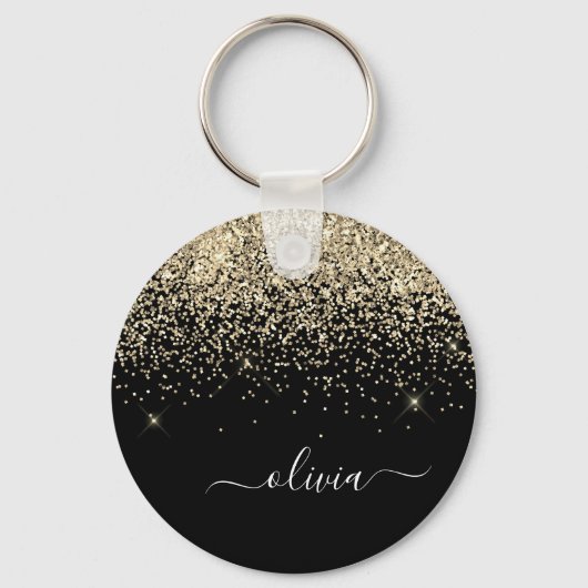 Gold Black Glitter Script Monogram Girly Name Sleutelhanger (Voorkant)