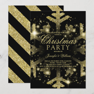 Gold & Black Glitter Snowflake Xmas Holiday Party Kaart