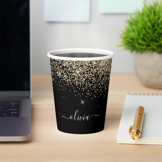 Gold Black Glitter Sparkle Monogram Paper Cups Papieren Bekers (Insitu)