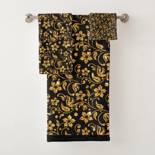 Gold Black Glossy Floral Bad Handdoek (Insitu)
