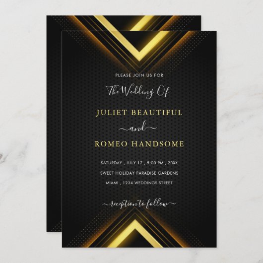 Gold Black Golden Modern Wedding Invitation (Voorkant / Achterkant)