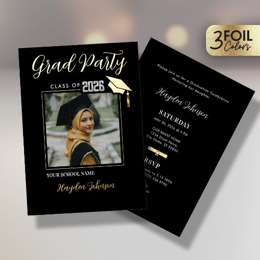 Gold & Black Graduation Party Foil Invitation