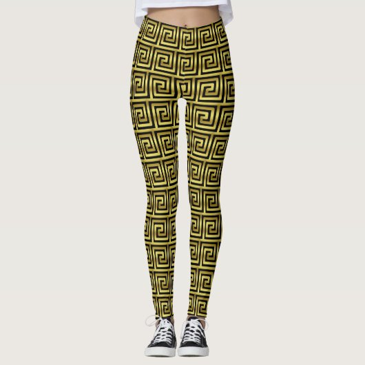 Gold Black Greek Key Geometric Art Deco Patroon Leggings (Voorkant)