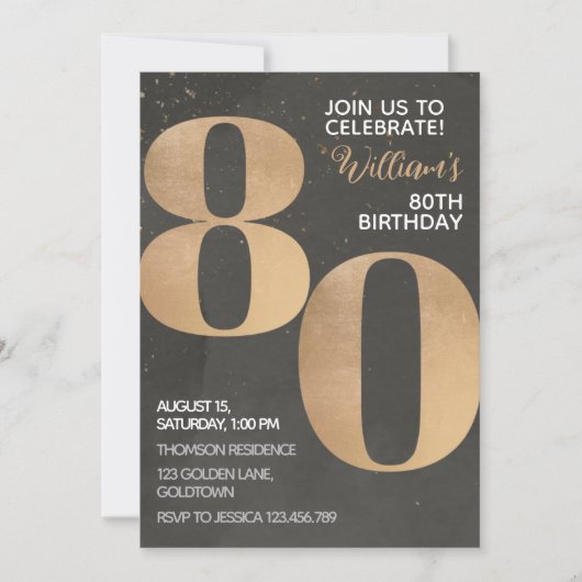 Gold Black Invitation d'anniversaire 80e (Devant)