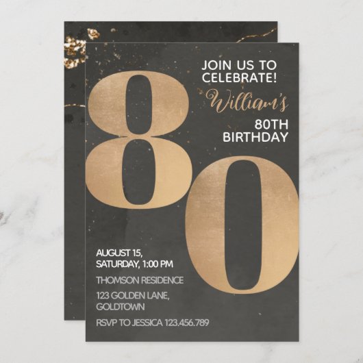 Gold Black Invitation d'anniversaire 80e (Devant / Derrière)