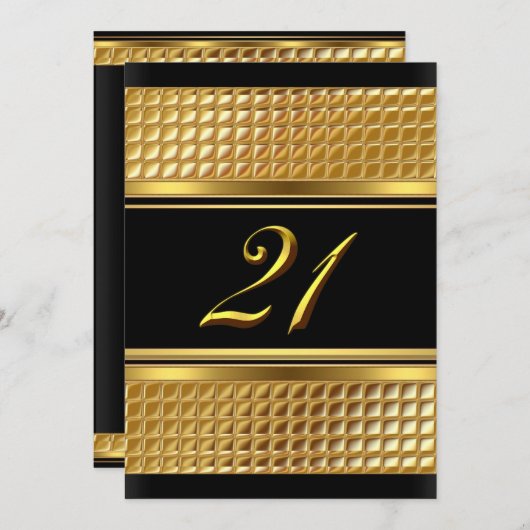 Gold & Black Invitation de fête d'anniversaire 21e (Devant / Derrière)
