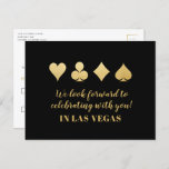 Gold Black Las Vegas Wedding Carte de réponse RSVP<br><div class="desc">Jouer la carte convient aux coeurs, clubs, diamants et pique dans une roche en faux feuille d'or sur un arrière - plan noir de couleur modifiable. Le design typographique unique sur le dos est entièrement personnalisable. Les cartes postales RSVP n'ont pas besoin d'une enveloppe pour les envoyer par la poste....</div>