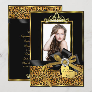 Gold Black Leopard Print & Bow Photo Quinceanera Kaart