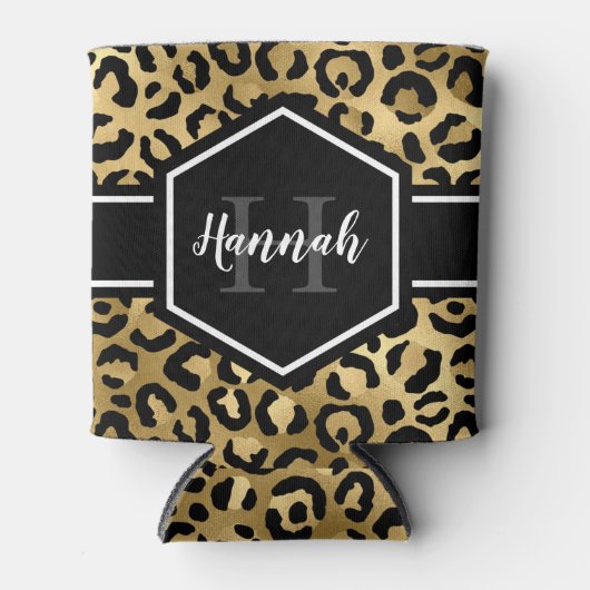 Gold Black Leopard Spots Monogram Blikjeskoeler (Voorkant)