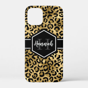 Gold Black Leopard Spots Monogram iPhone 12 Mini Hoesje