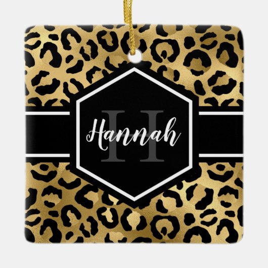 Gold Black Leopard Spots Monogram Foto Keramisch Ornament (Voorkant)