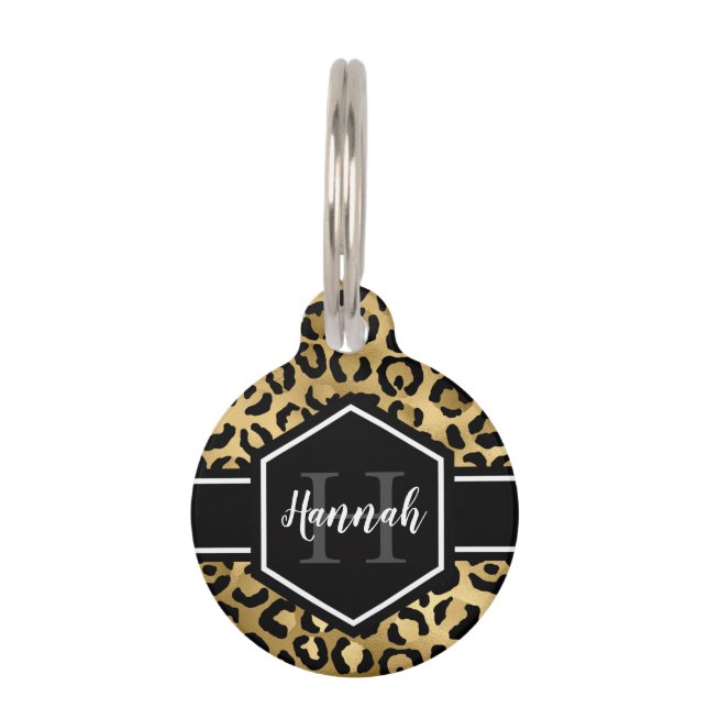 Gold Black Leopard Spots Monogram Huisdierpenning (Voorkant)