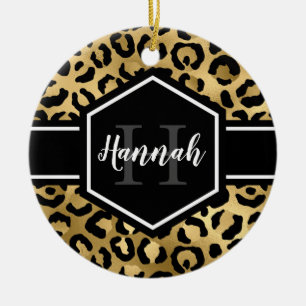 Gold Black Leopard Spots Monogram Keramisch Ornament
