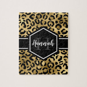 Gold Black Leopard Spots Monogram Legpuzzel