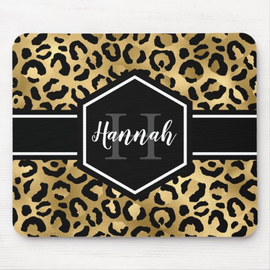 Gold Black Leopard Spots Monogram Muismat (Voorkant)