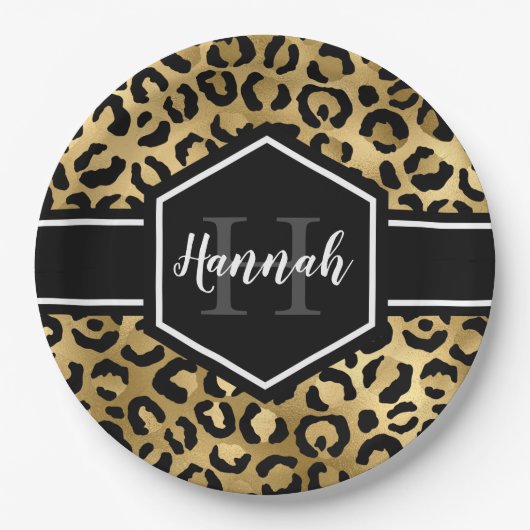 Gold Black Leopard Spots Monogram Papieren Bordje (Voorkant)