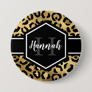 Gold Black Leopard Spots Monogram Ronde Button 7,6 Cm