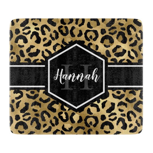 Gold Black Leopard Spots Monogram Snijplank (Voorkant)