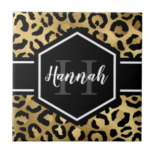 Gold Black Leopard Spots Monogram Tegeltje