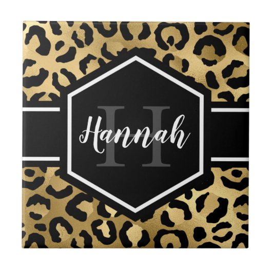 Gold Black Leopard Spots Monogram Tegeltje (Voorkant)