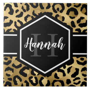 Gold Black Leopard Spots Monogram Tegeltje