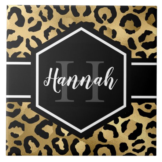 Gold Black Leopard Spots Monogram Tegeltje (Voorkant)