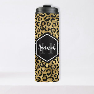 Gold Black Leopard Spots Monogram Thermosbeker