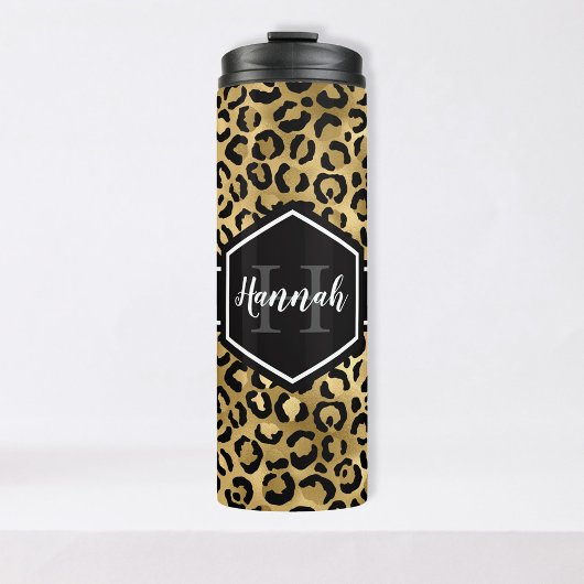 Gold Black Leopard Spots Monogram Thermosbeker
