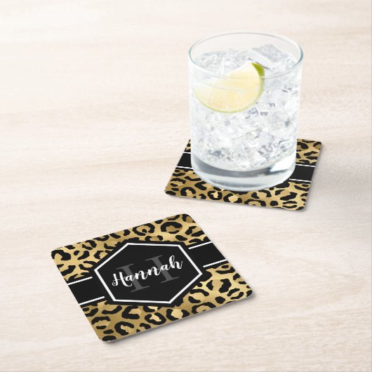 Gold Black Leopard Spots Monogram Vierkante Kartonnen Onderzetter (Insitu)
