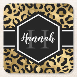 Gold Black Leopard Spots Monogram Vierkante Kartonnen Onderzetter