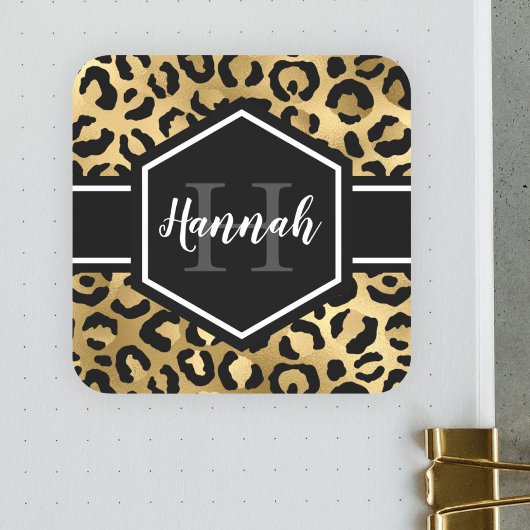 Gold Black Leopard Spots Monogram Vierkante Sticker