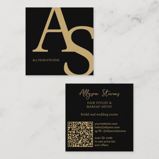 Gold Black Logo initials bold makeup qr code Vierkante Visitekaartje (Voorkant / Achterkant)